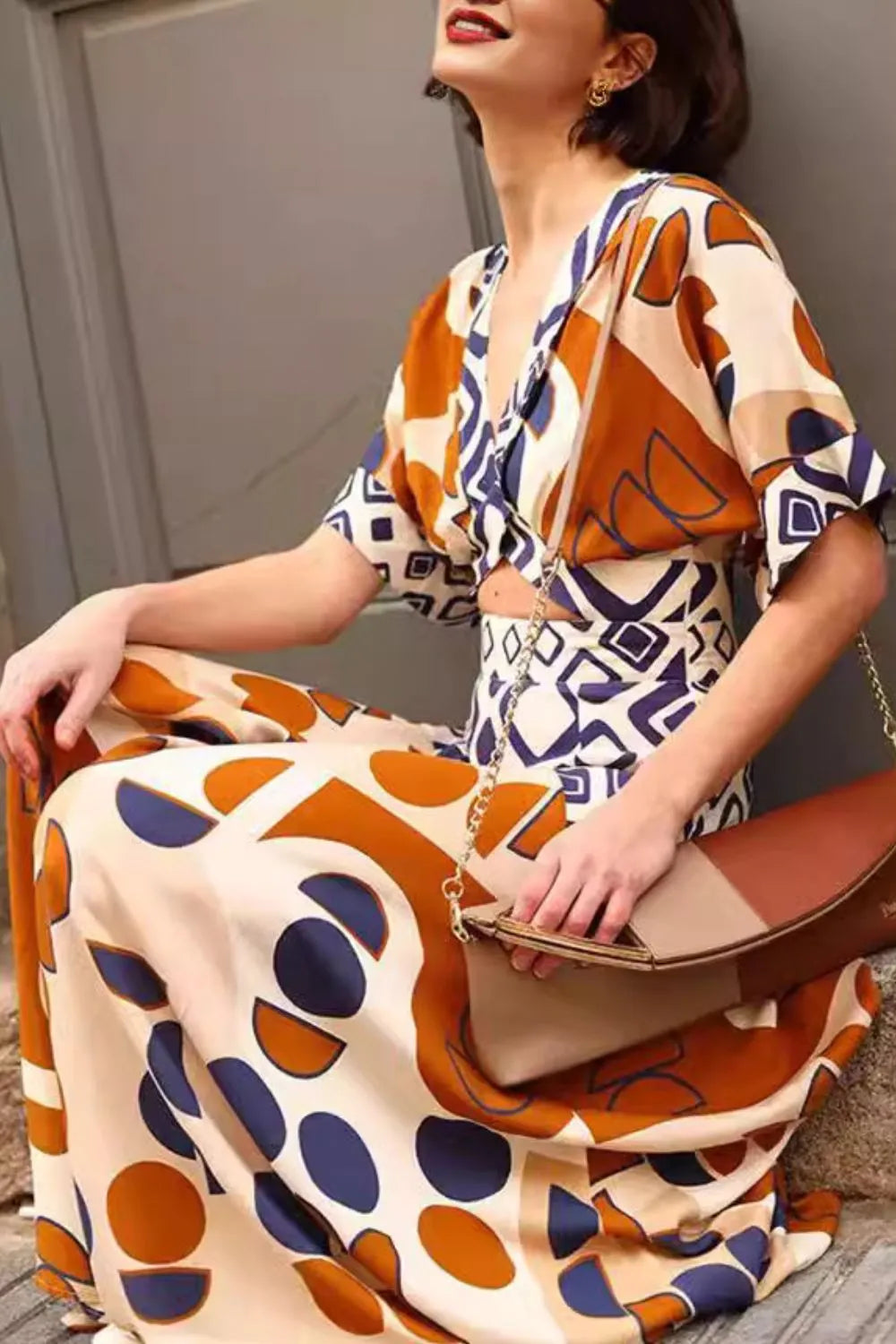 Geometric Print V-Neck Maxi Dress in Caramel by Shenori