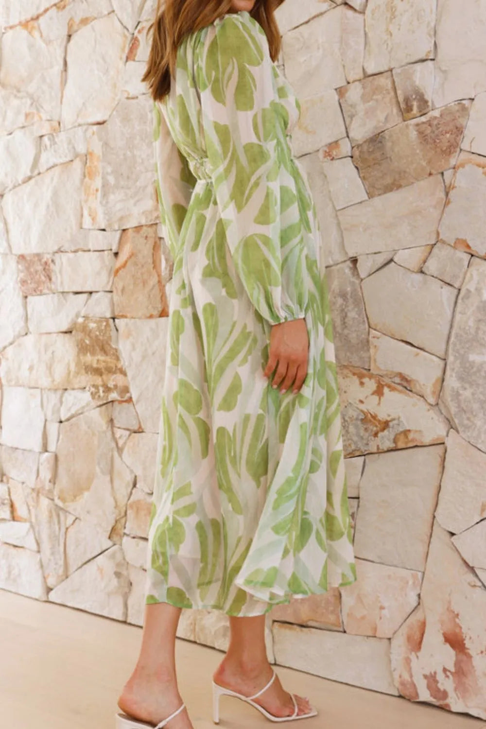 Ruched V-Neck Long Sleeve Midi Dress in Light Green