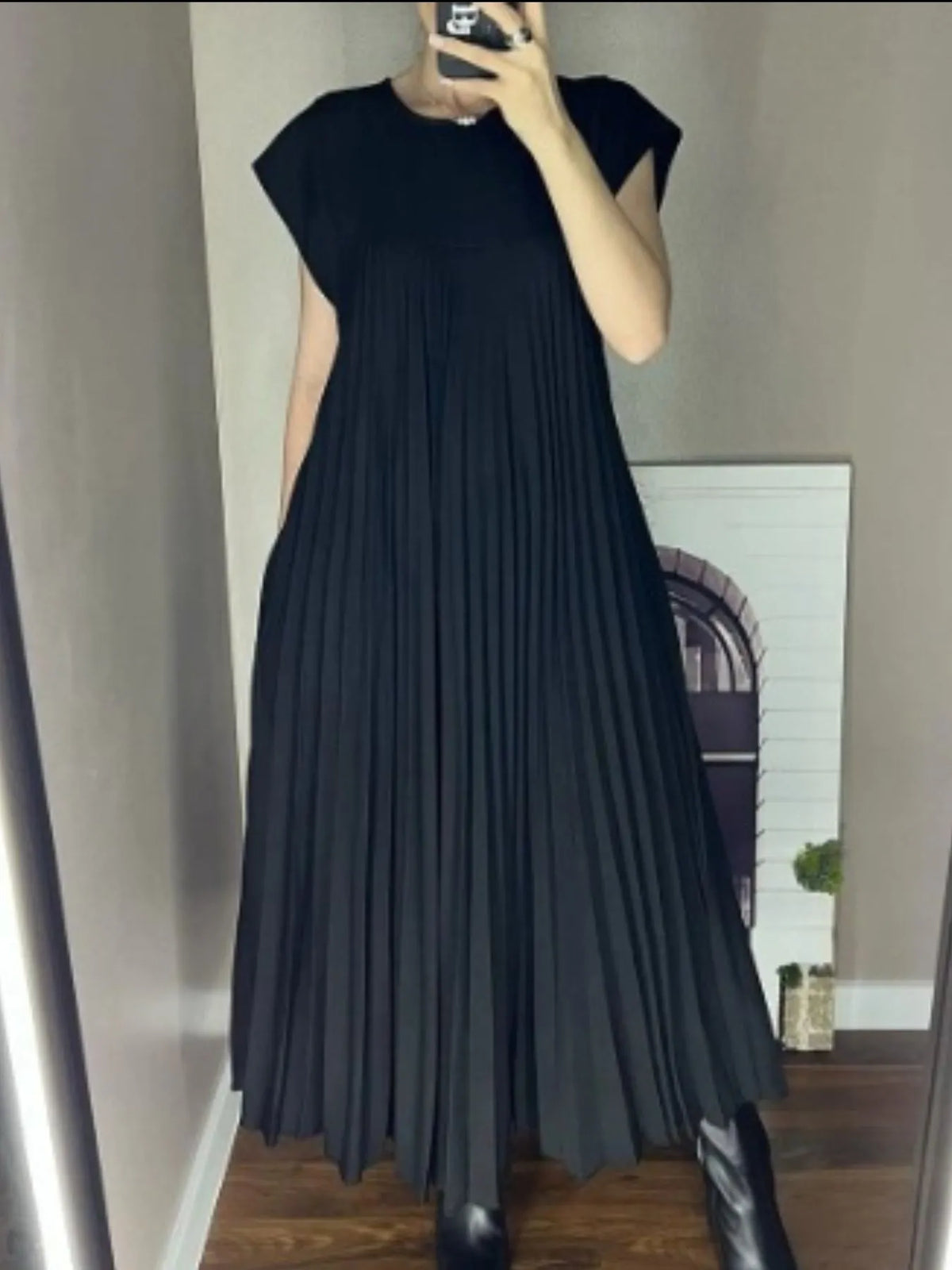 Pleated Round-Neck Maxi Dress with Pockets, Plus Size by Rosaline