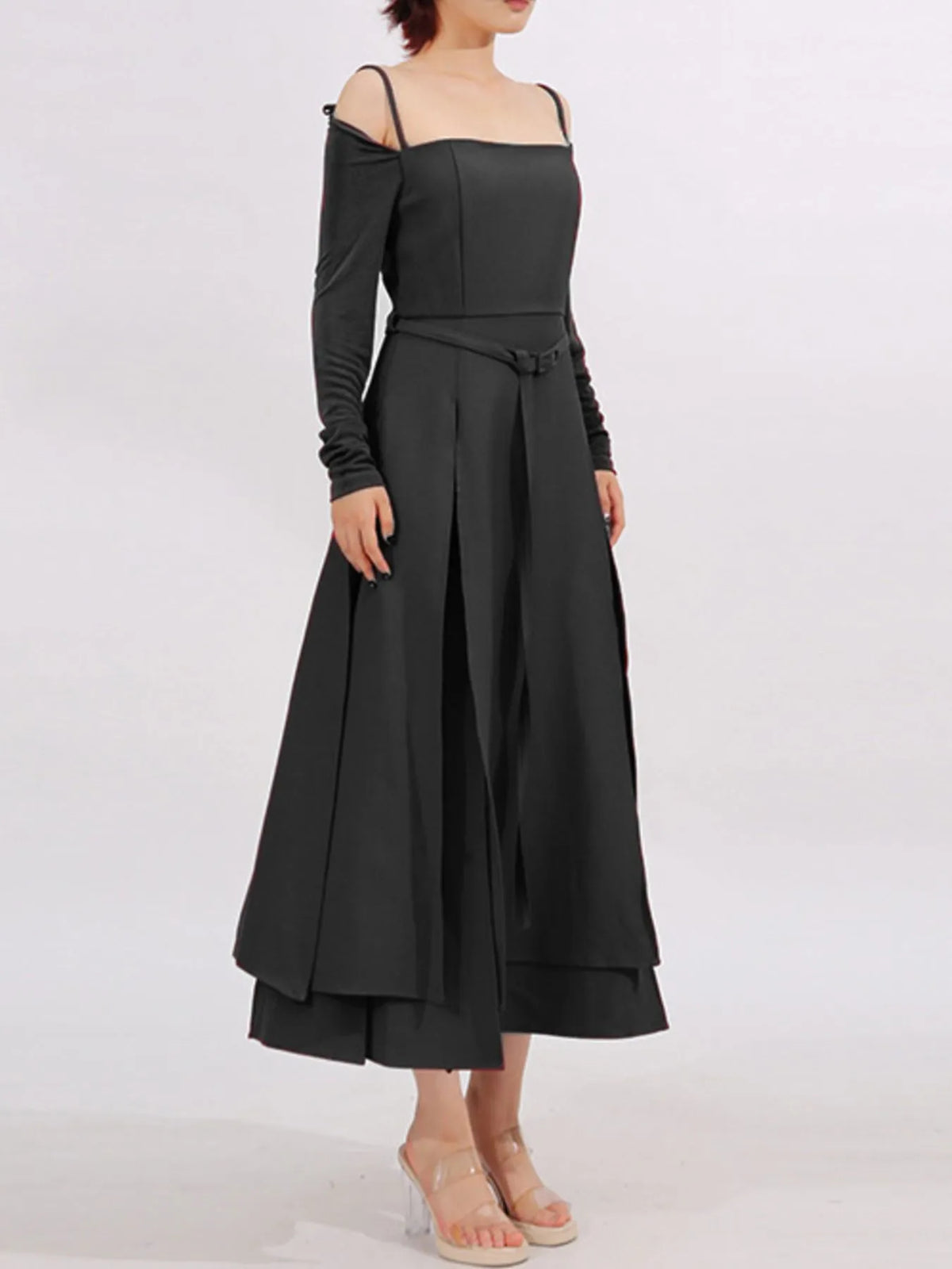 Belted Ruched Slit Long Sleeve Dress