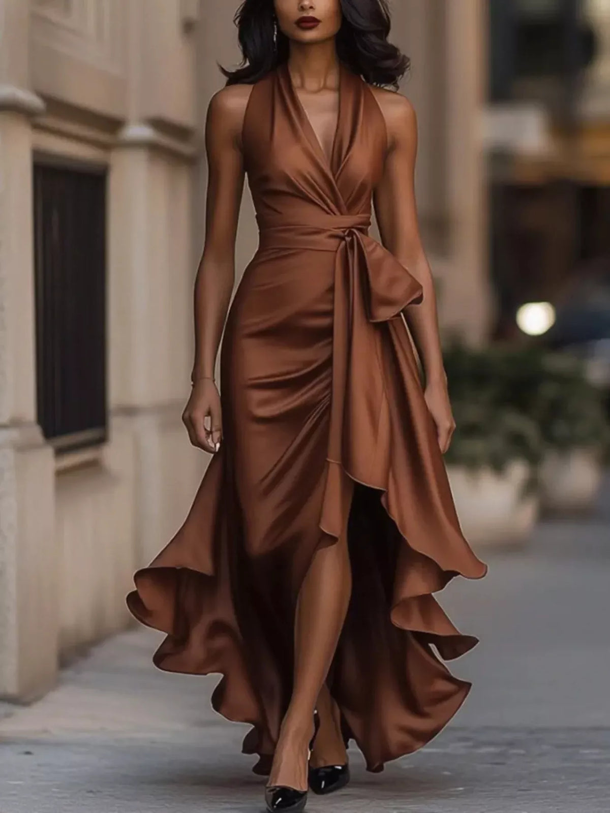 High-Low Ruffled Satin Maxi Dress