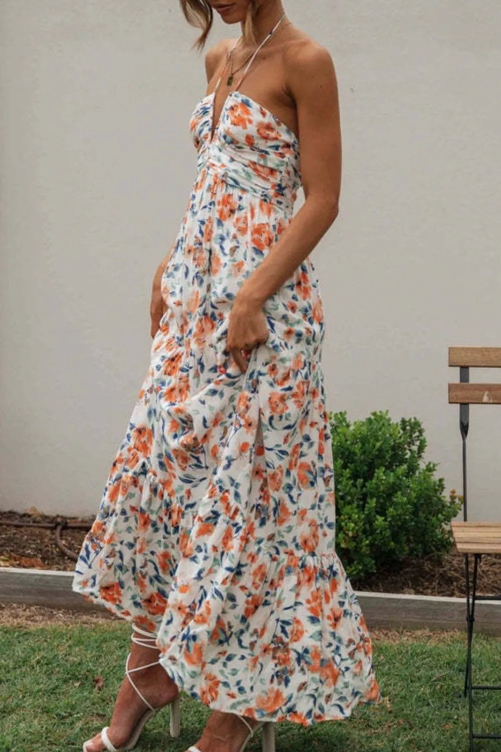 Floral Halter Tiered Maxi Dress in Watermelon Pink