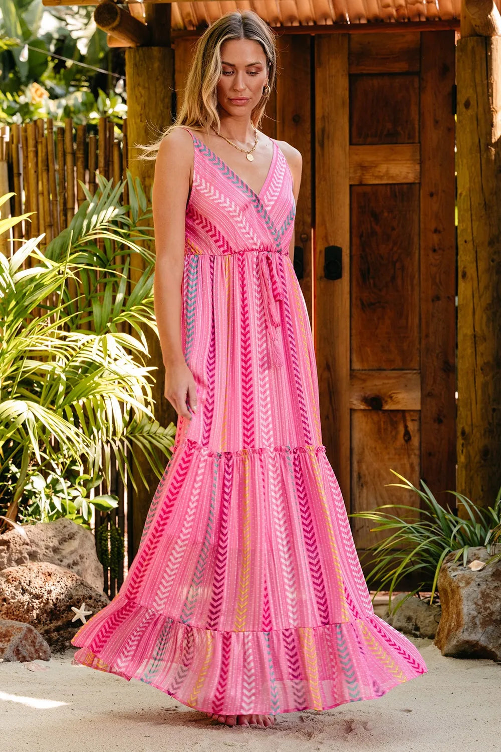 Printed Surplice Maxi Cami Dress in Pink