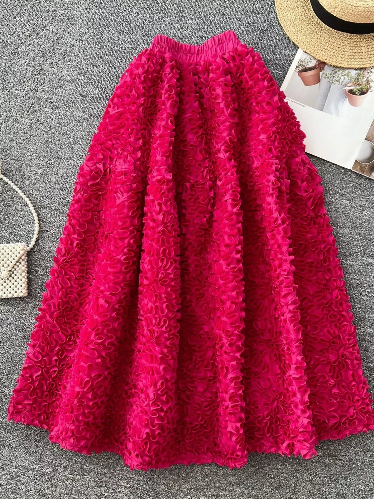 3D Lace Trim High-Waist A-Line Midi Skirt