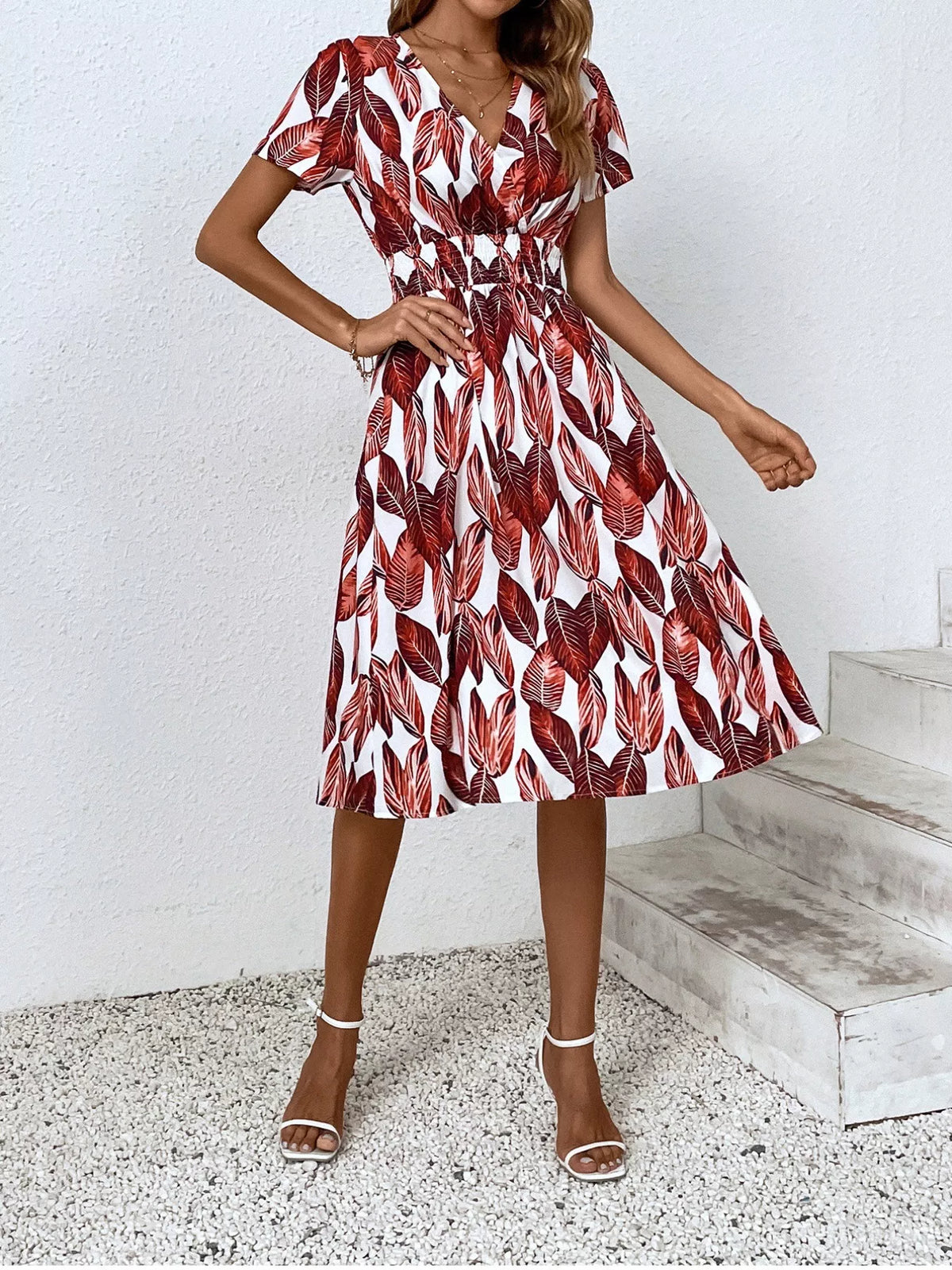 Smocked Printed Short-Sleeve Midi Dress