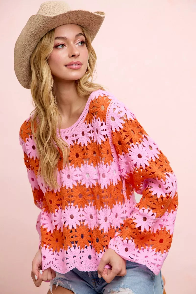 Flower Crochet Knit Top in Pink/Red by BiBi