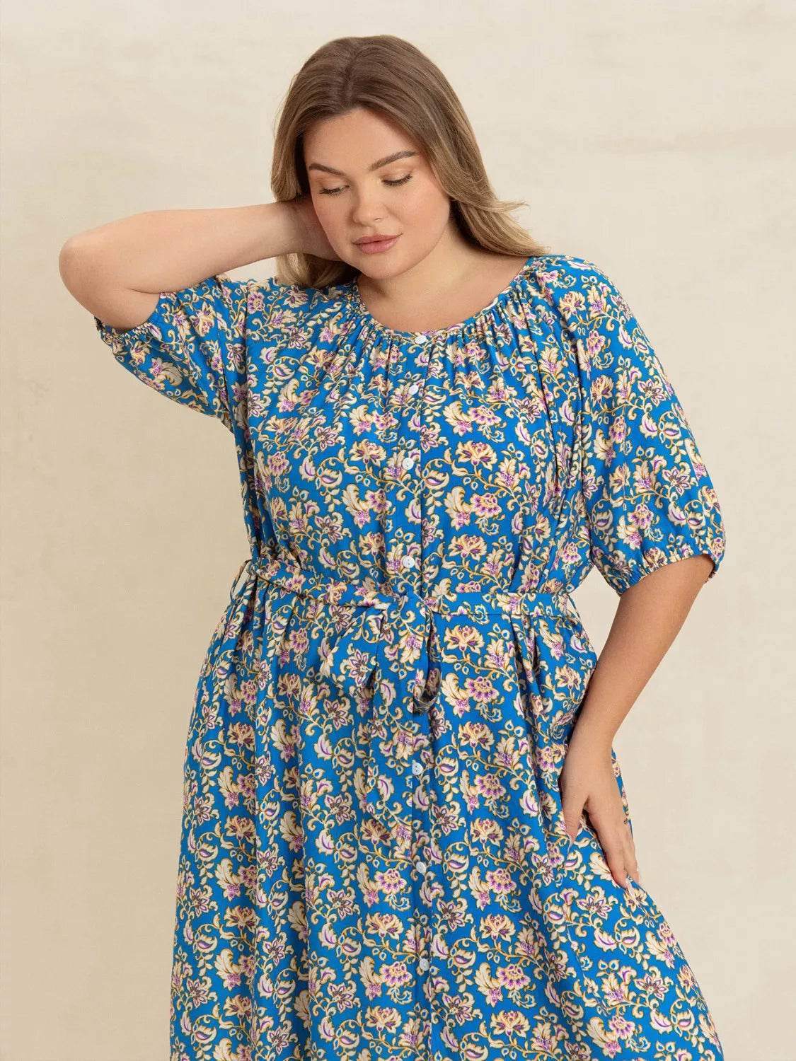 Plus Size Floral Maxi Dress with Side Slit in Blue