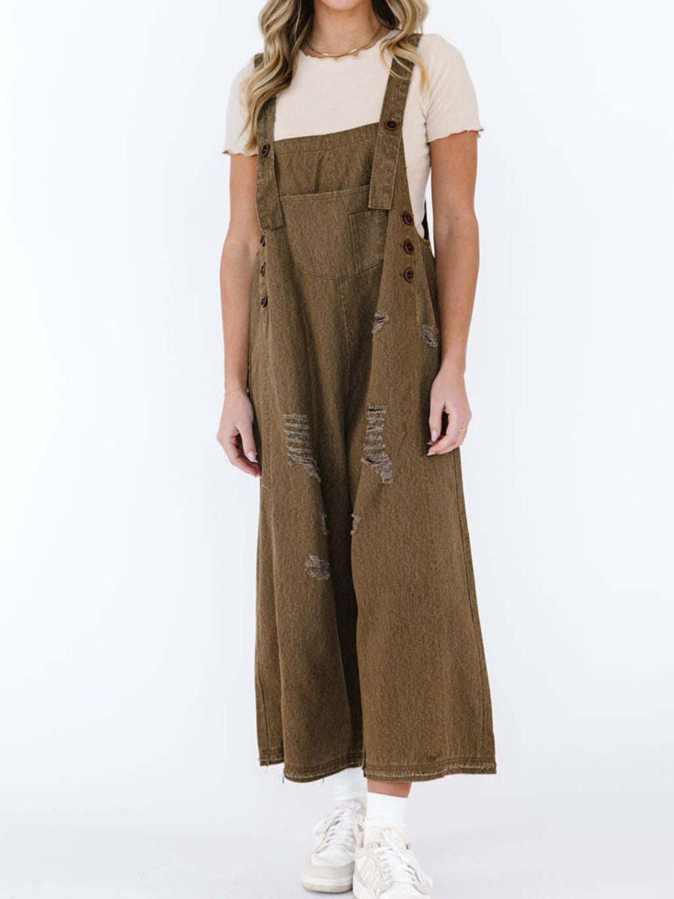 Distressed Wide Leg Denim Overalls by Dreamy Drapes