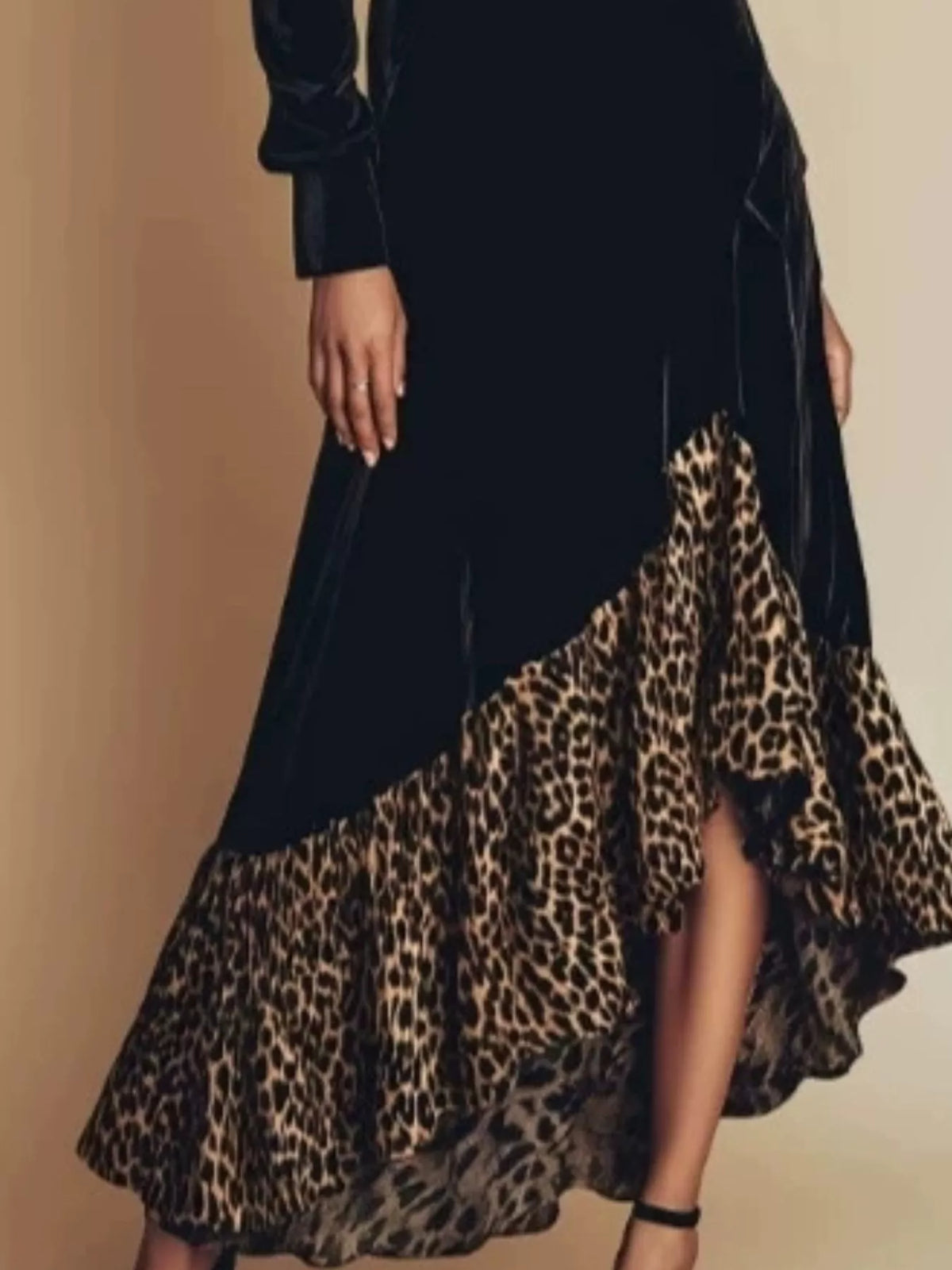 Leopard Ruffle Hem Mock Neck Dress in Black