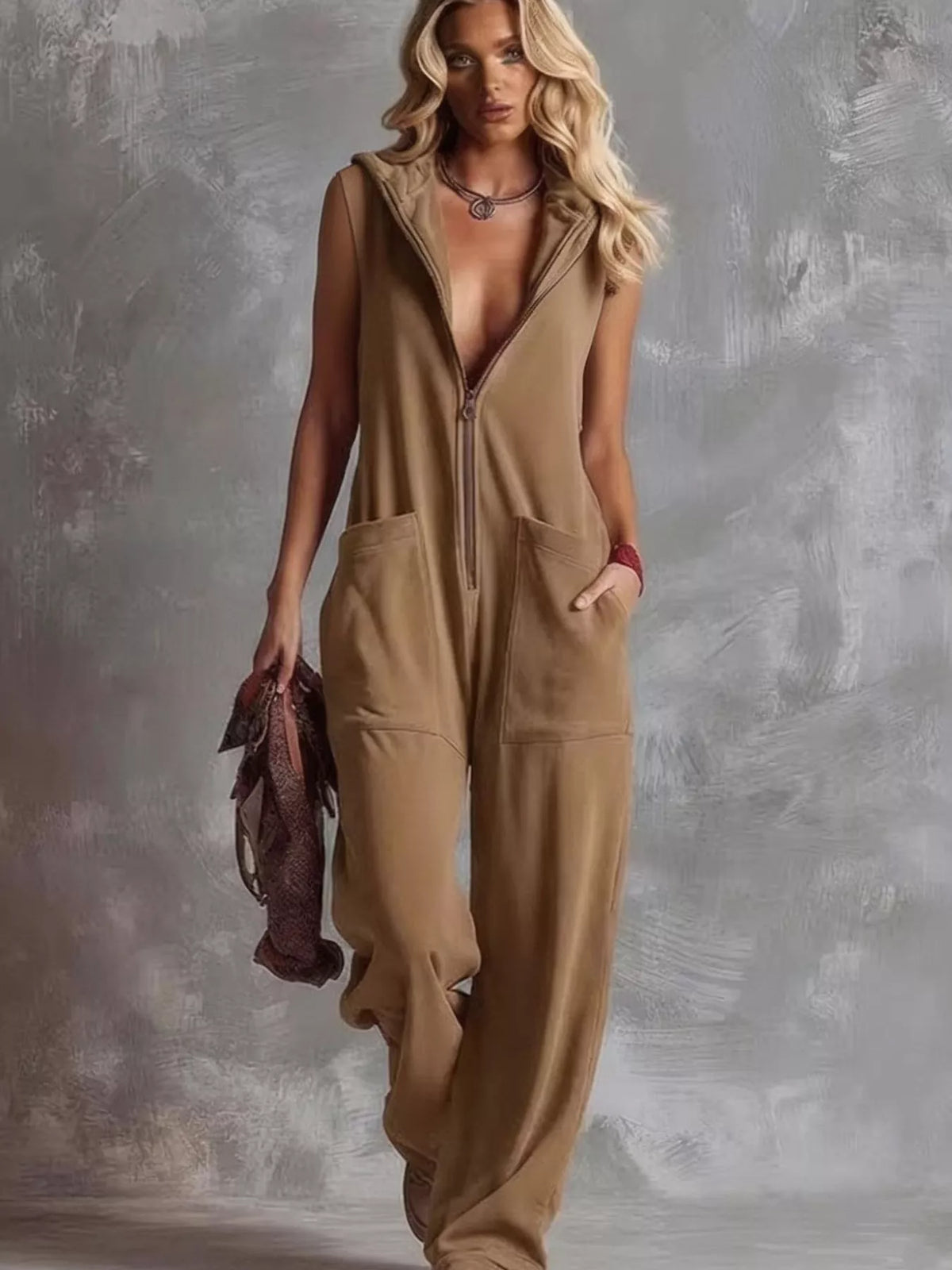Sleeveless Hooded Zip-Front Jumpsuit
