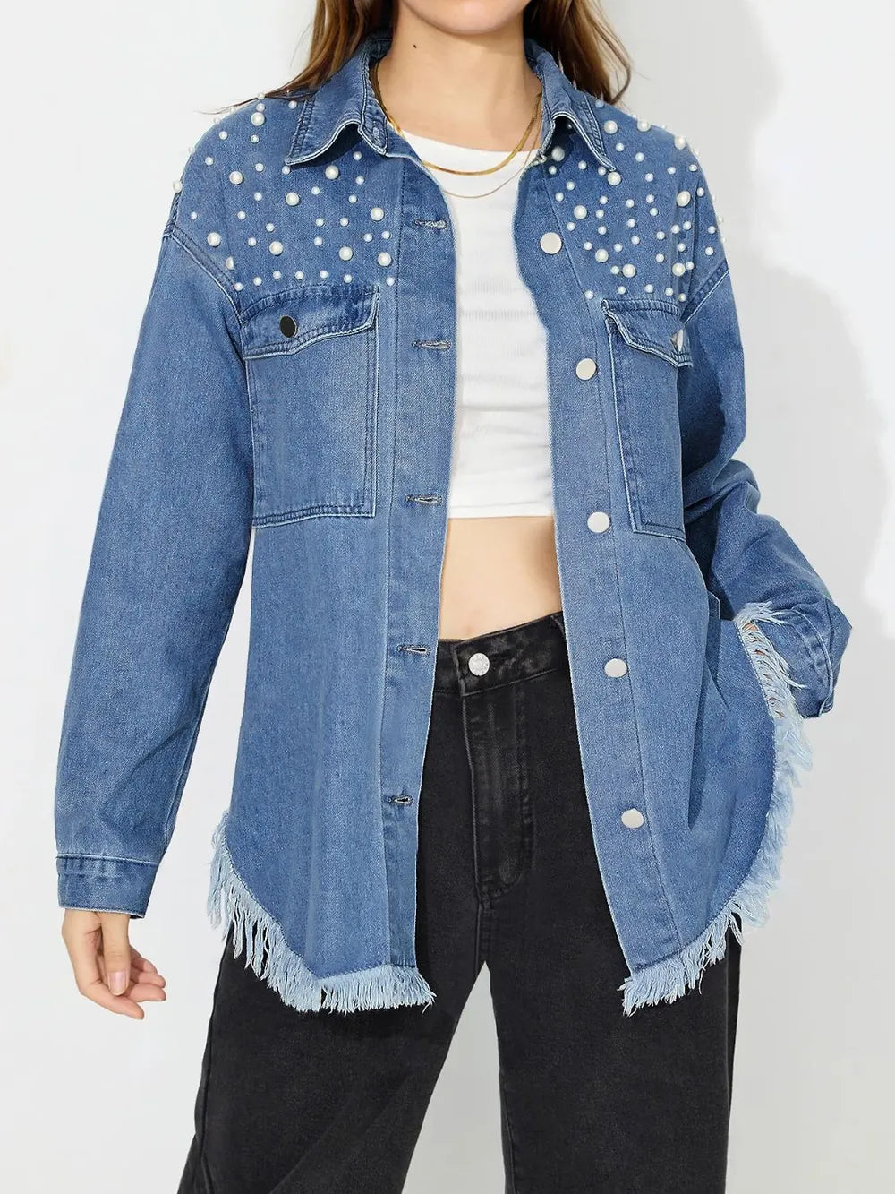 Pearl Trim Collared Denim Top