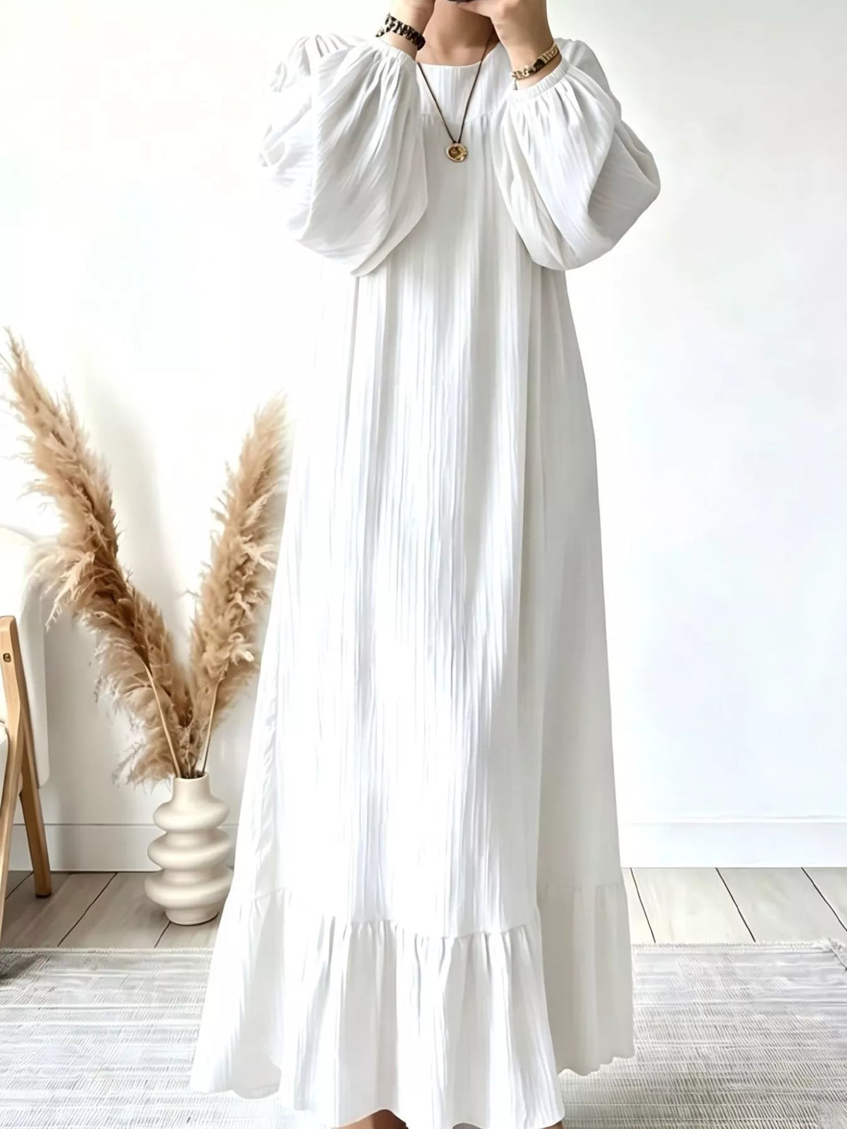 Textured Puff-Sleeve Maxi Dress