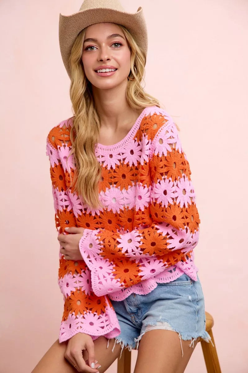 Flower Crochet Knit Top in Pink/Red by BiBi