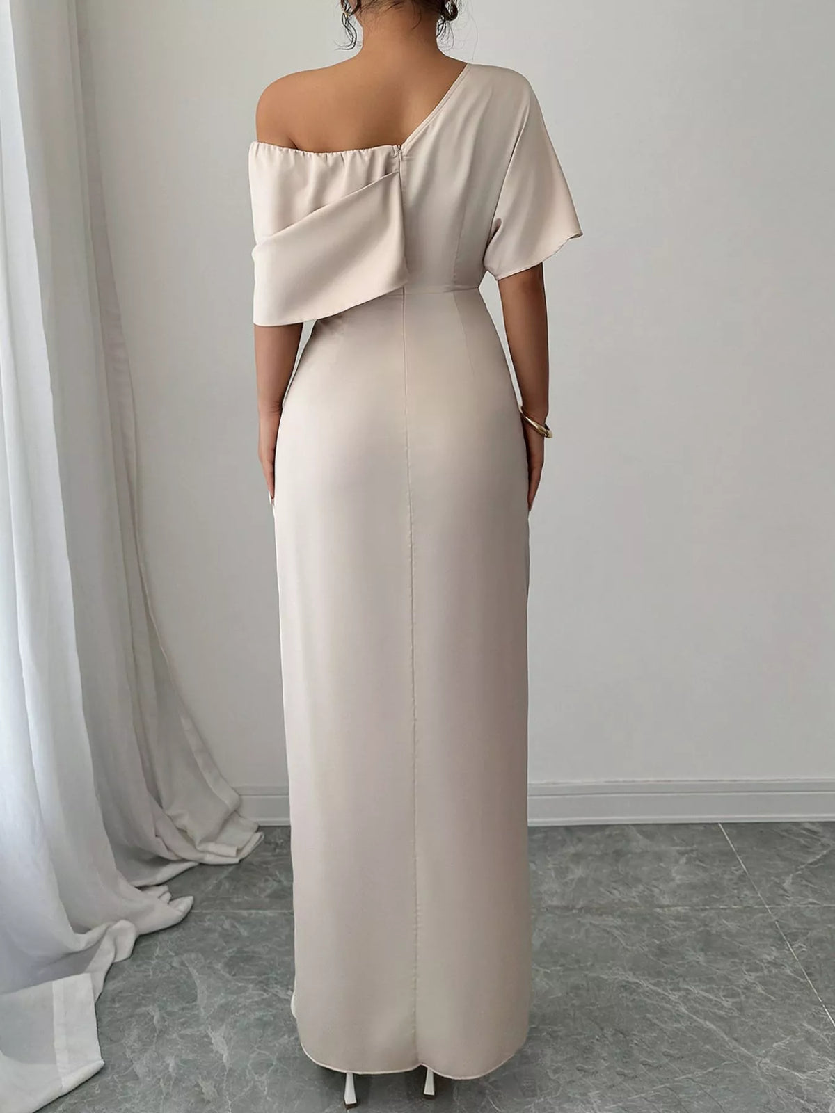One-Shoulder Satin Maxi Dress in Champagne in Champagne Color