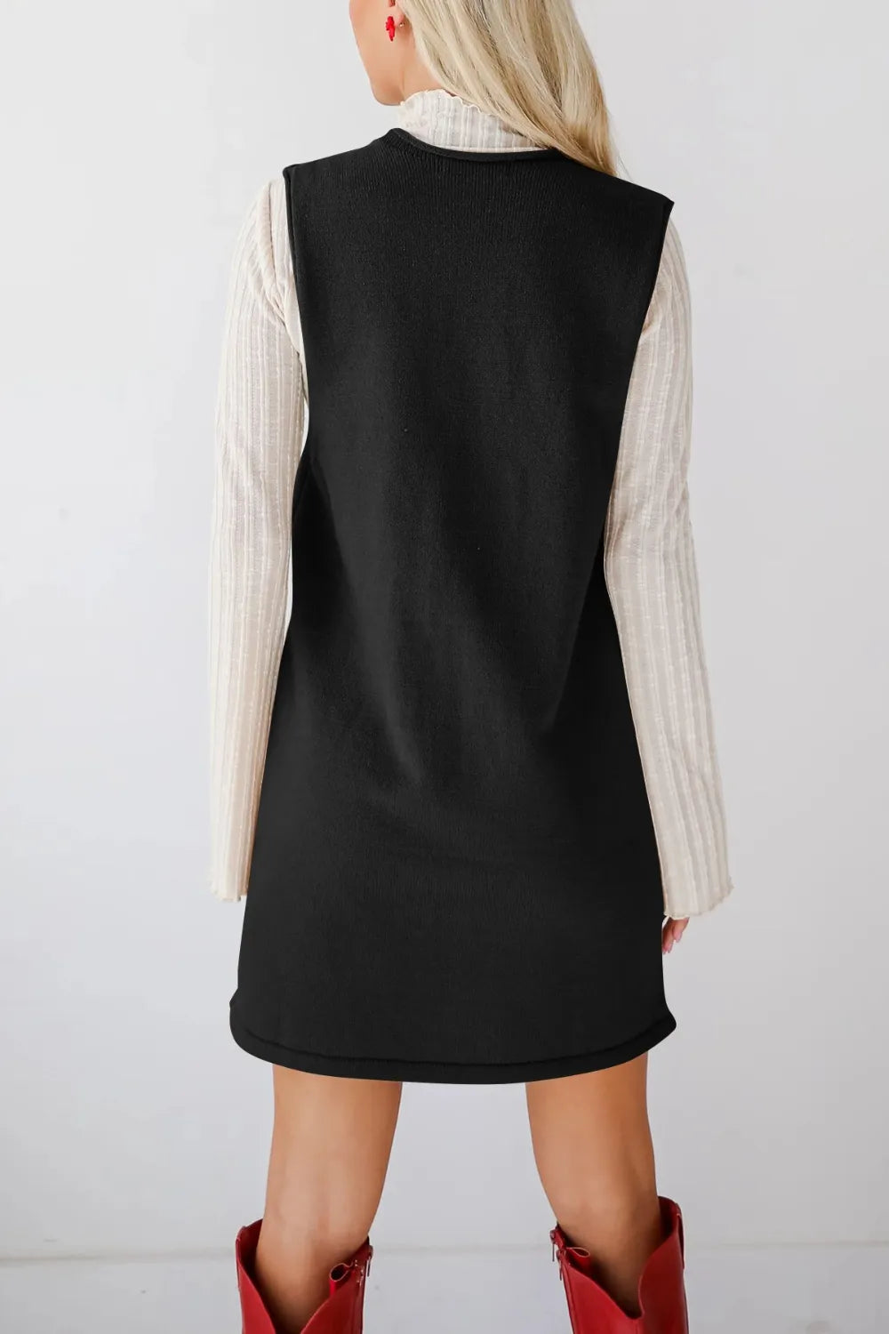 Pocketed V-Neck Sweater Overall Dress