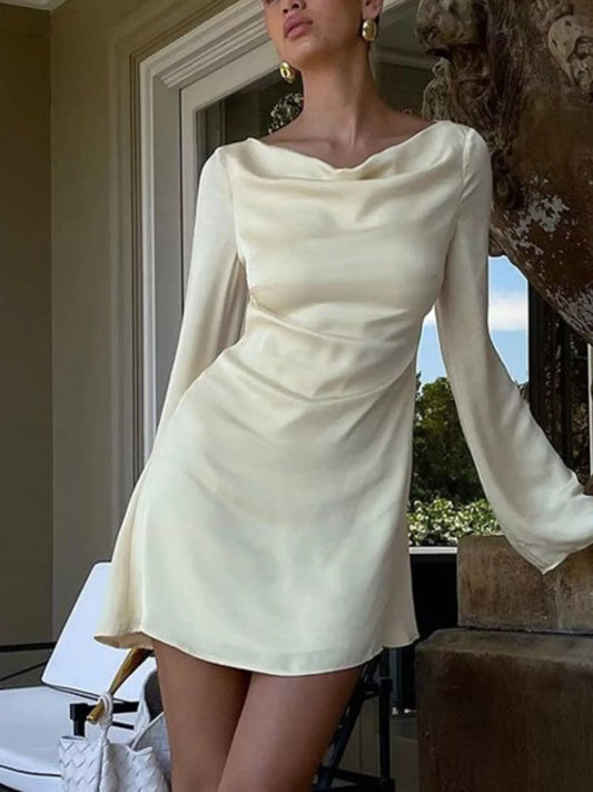 Backless Long Sleeve Mini Dress in Beige