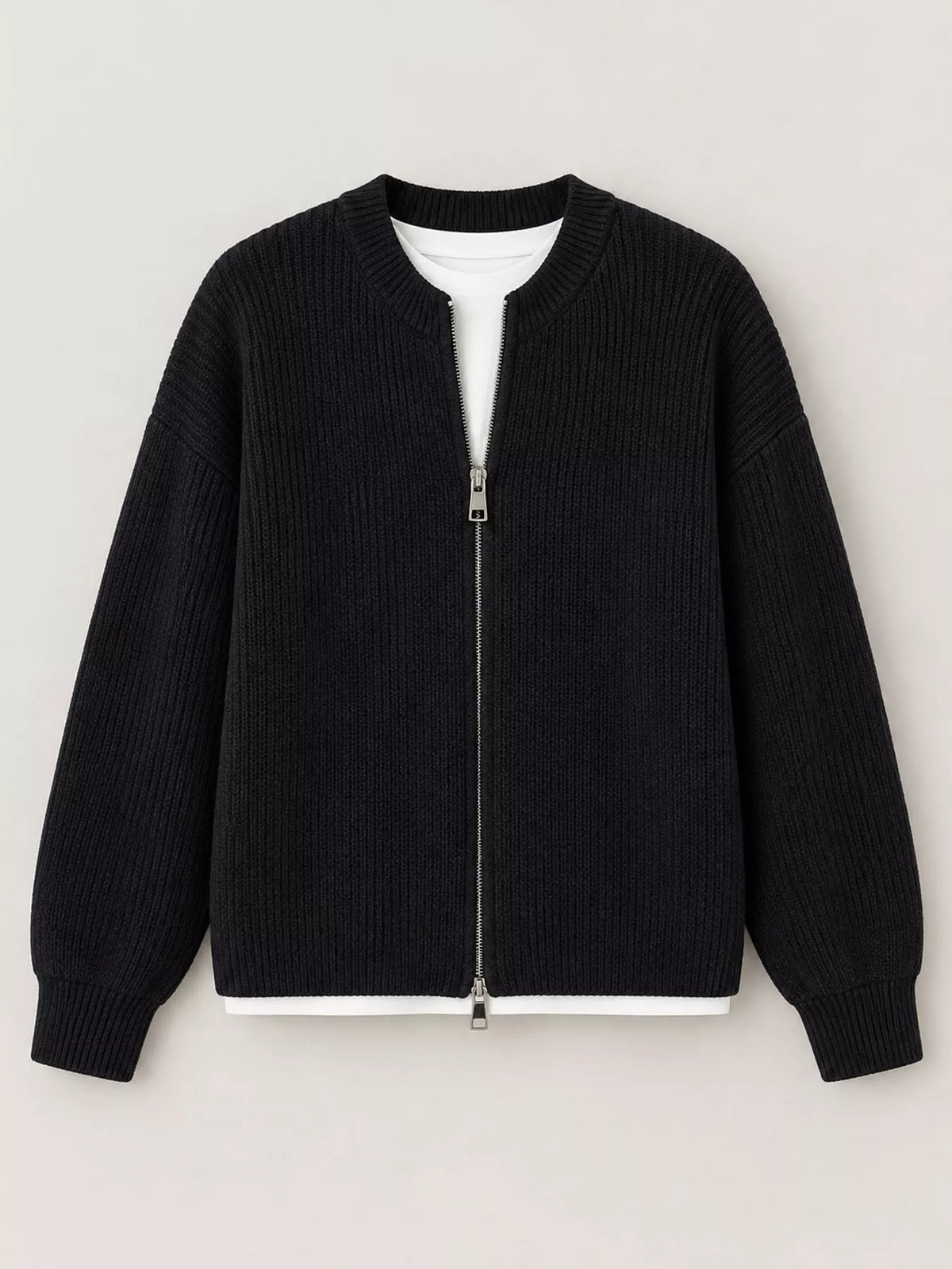 Zip-Up Dropped Shoulder Ribbed Cardigan