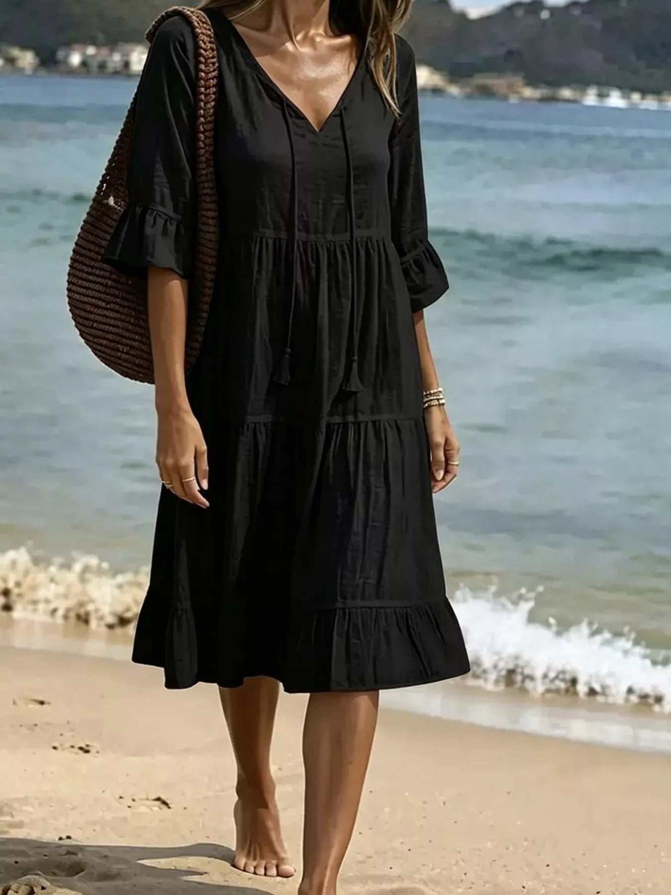 Tie-Neck Flounce Sleeve Tiered Dress