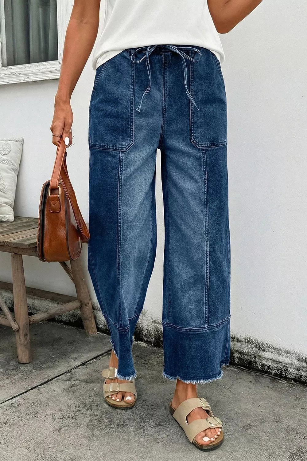 Raw Hem Wide Leg Denim Pants in Medium