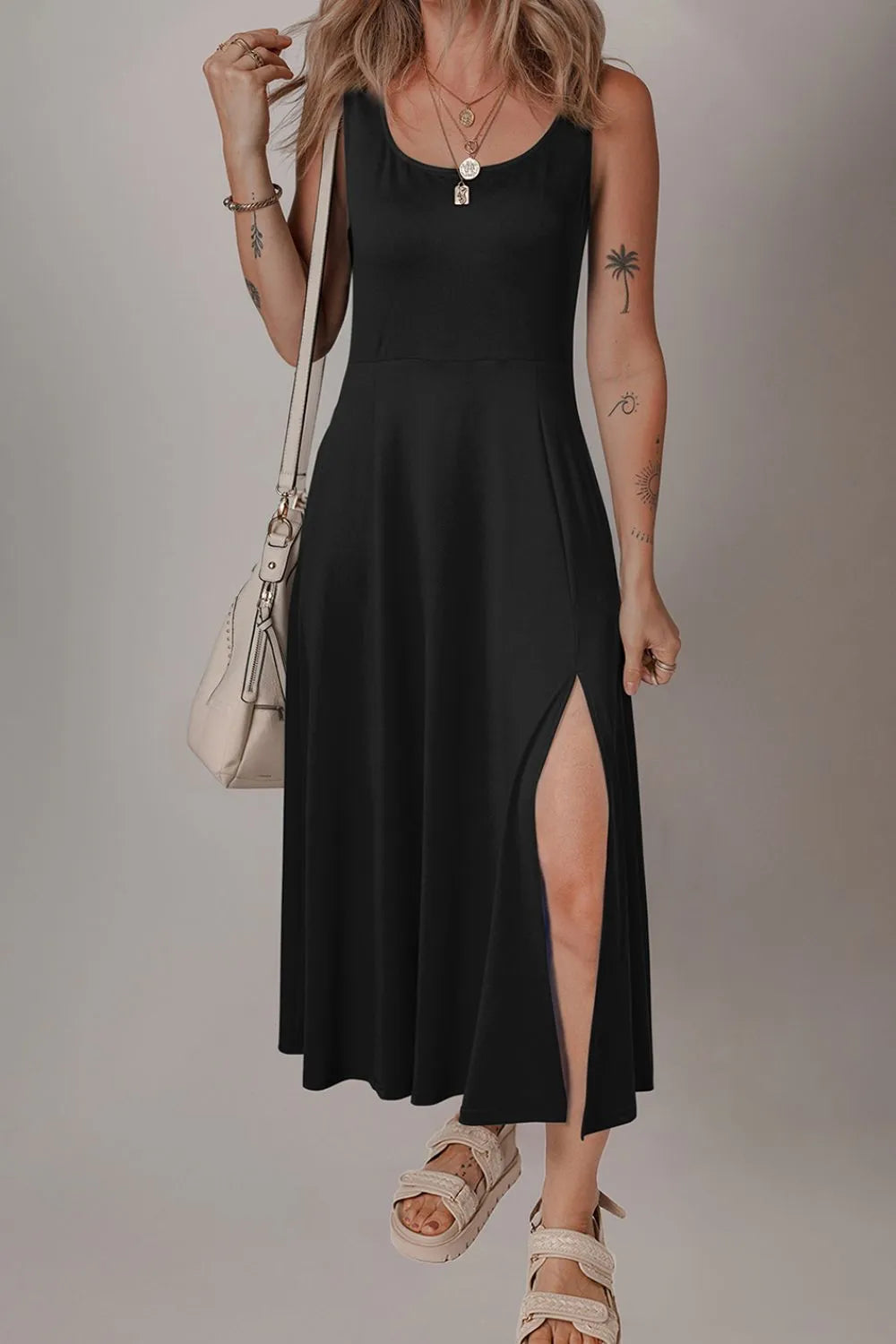 Scoop Neck Wide Strap Dress with Side Slit