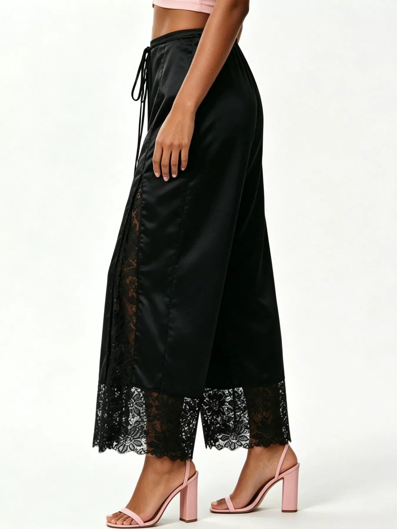 Lace-Trim Wide-Leg Cropped Pants