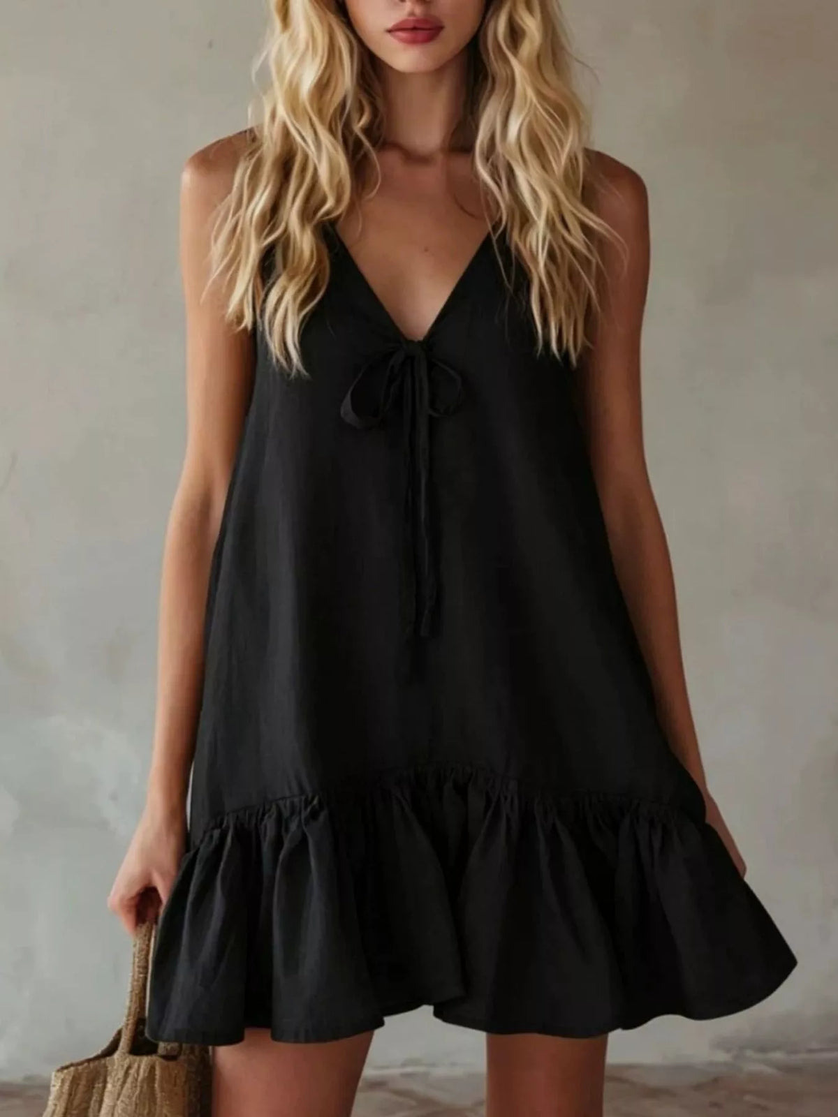 Tie-Front Ruffle Hem Mini Dress in Turmeric