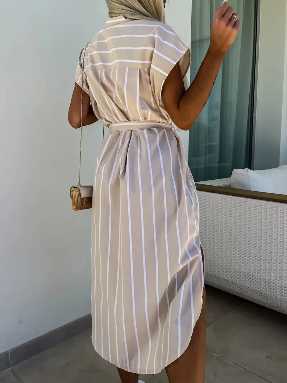 Striped Tie Waist Short Sleeve Dress