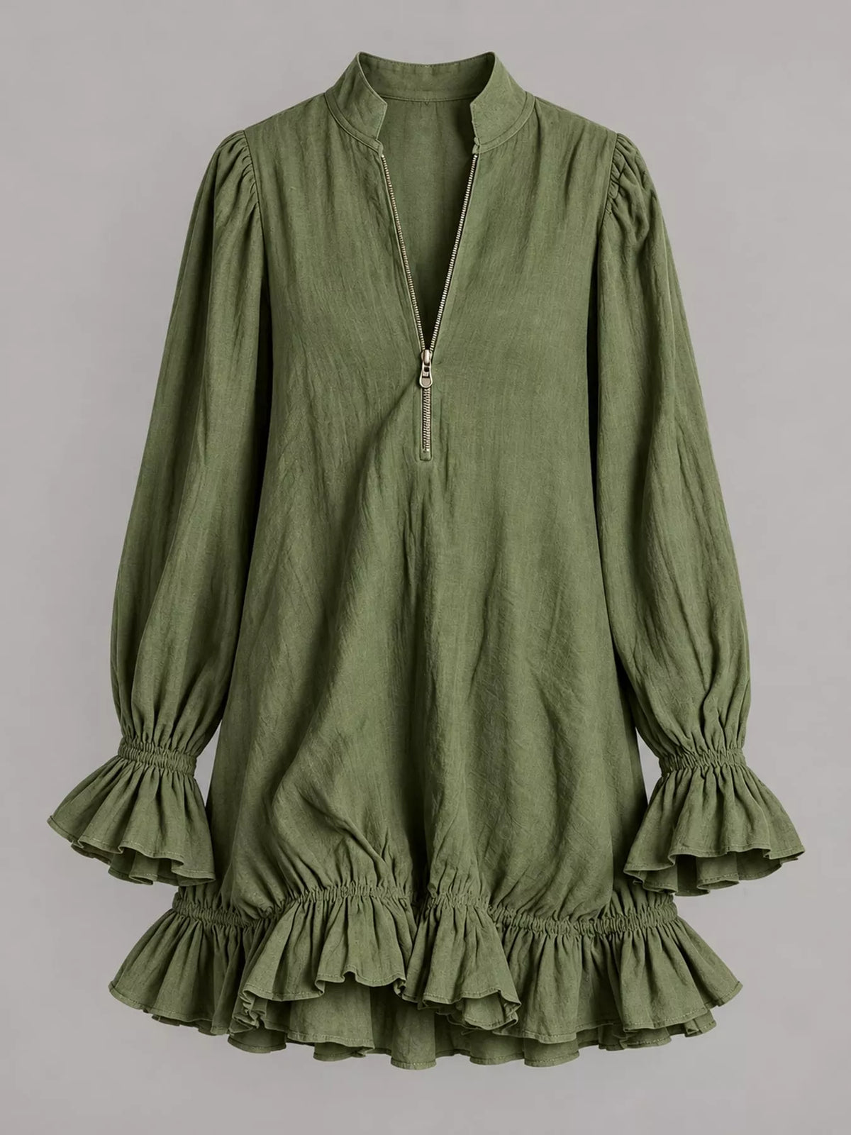 Zipper-Front Ruffle Hem Mini Dress
