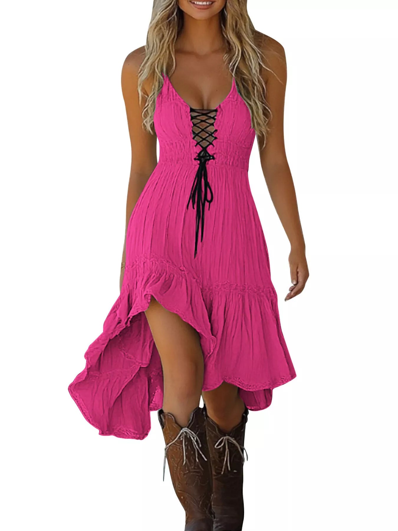 Lace-Up High-Low Ruffle Hem Dress