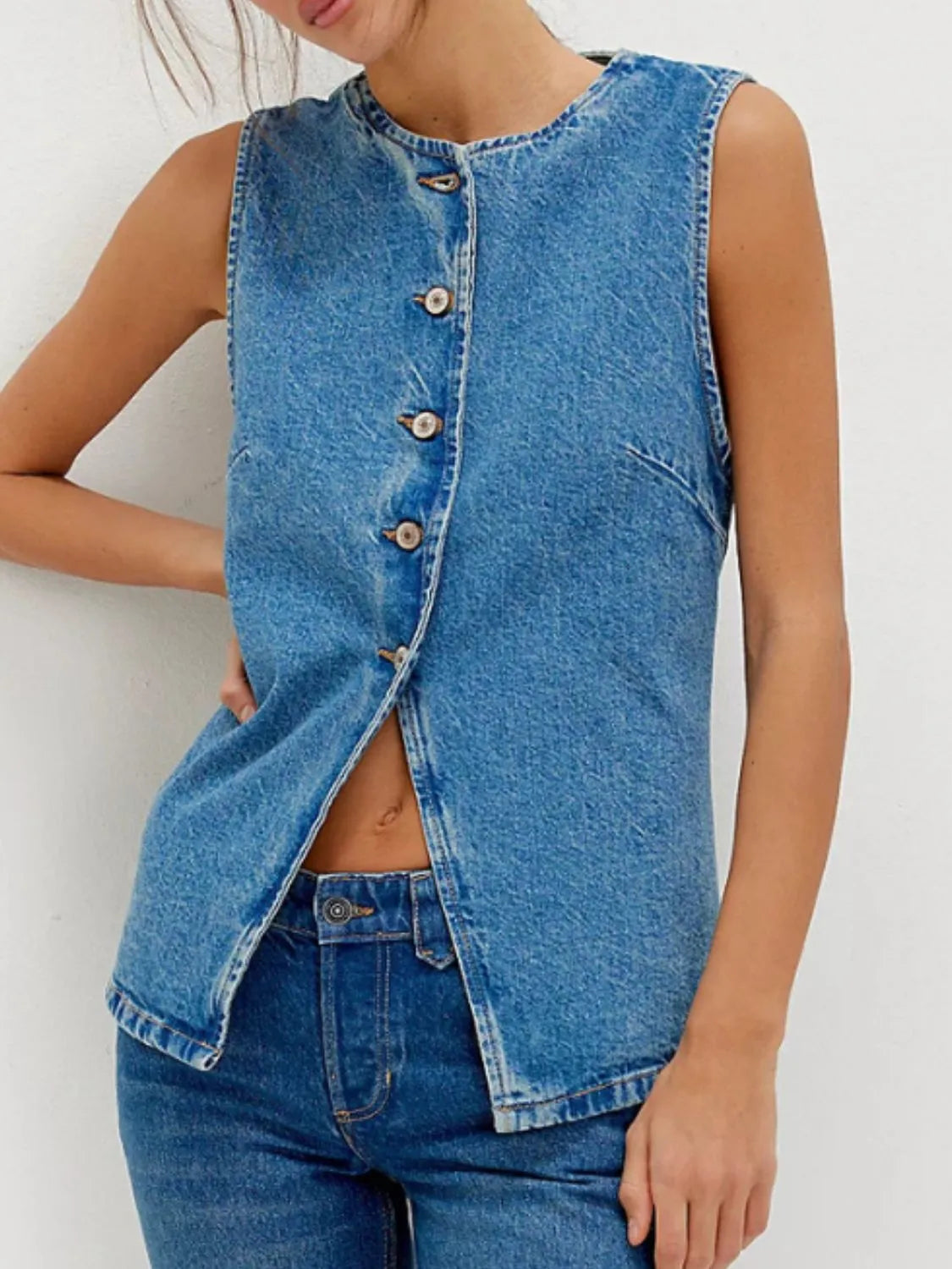Button Down Round Neck Denim Vest