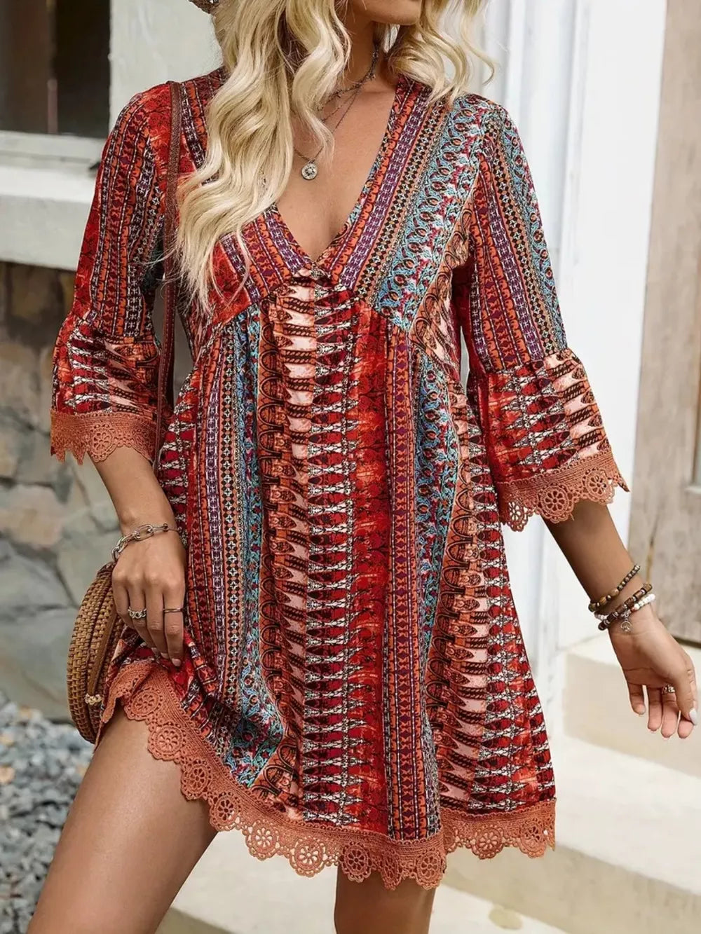 Lace-Trim Printed V-Neck Dress