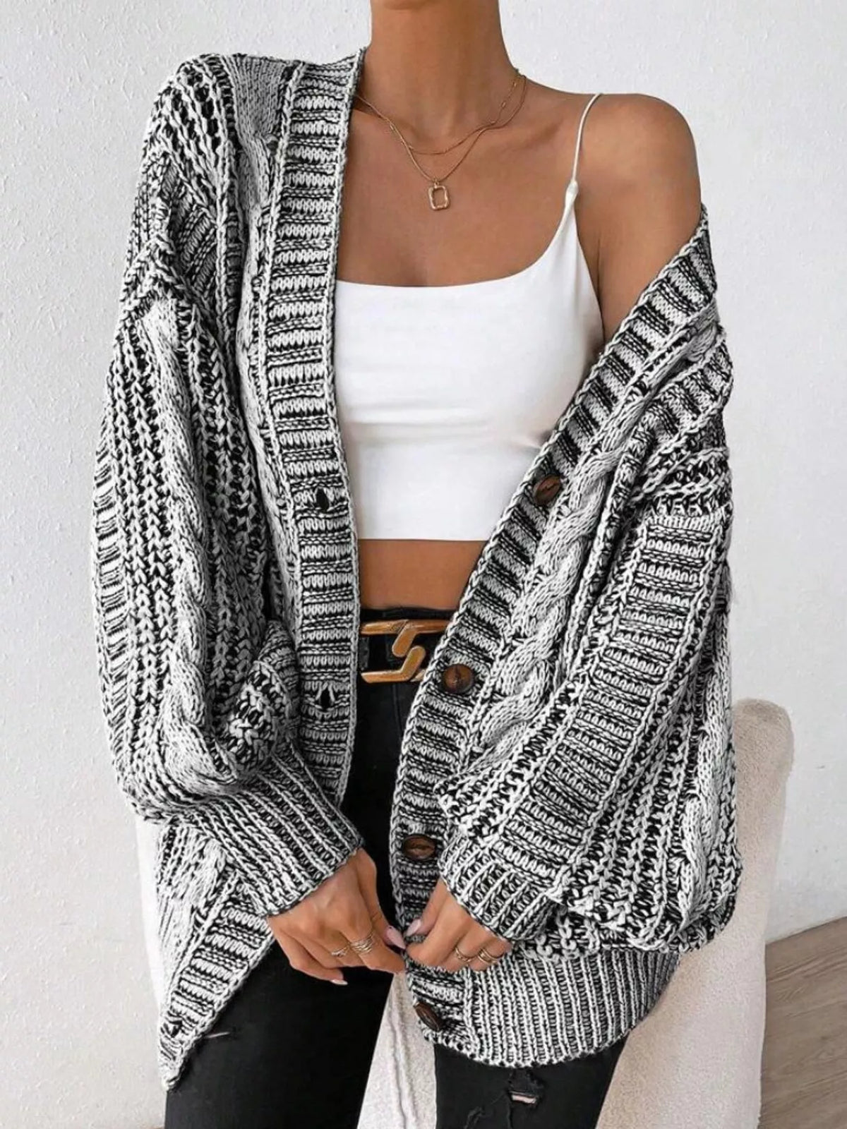 Chunky Cable Knit Button-Down Cardigan in Black