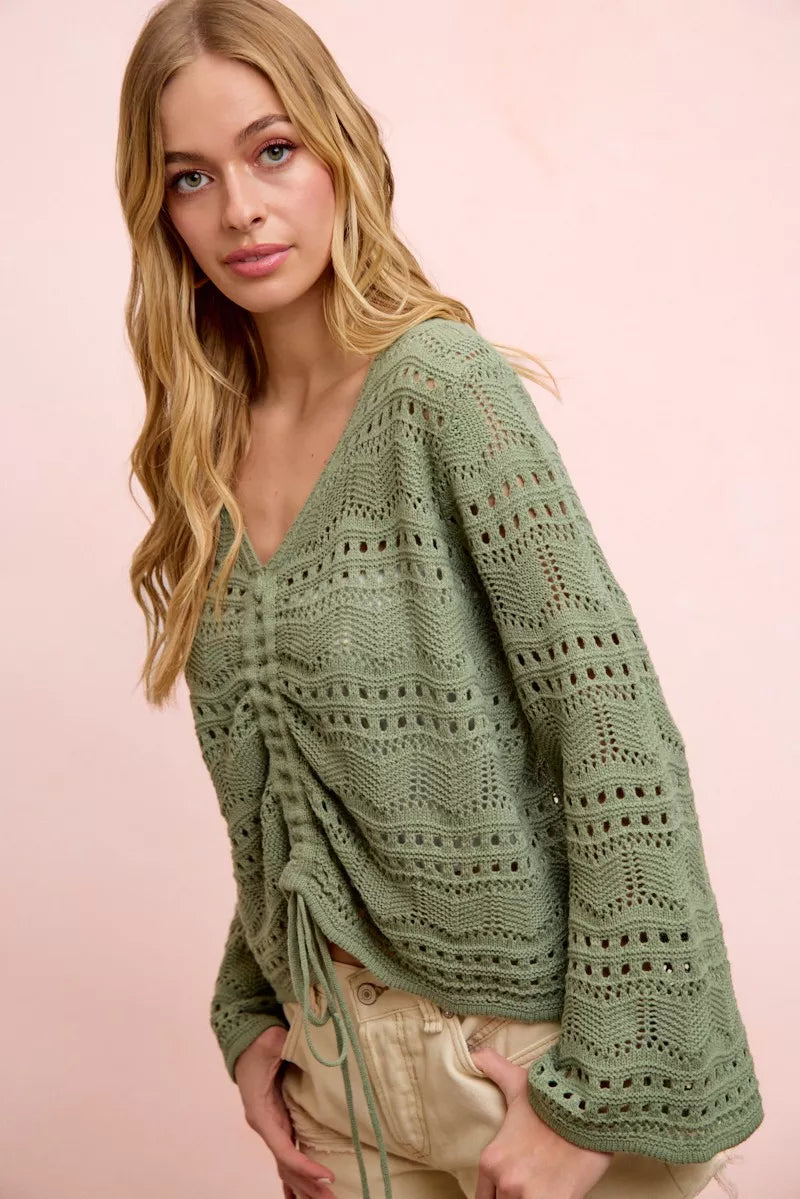 Pointelle V-Neck Ruched Top in Sage Green by BiBi