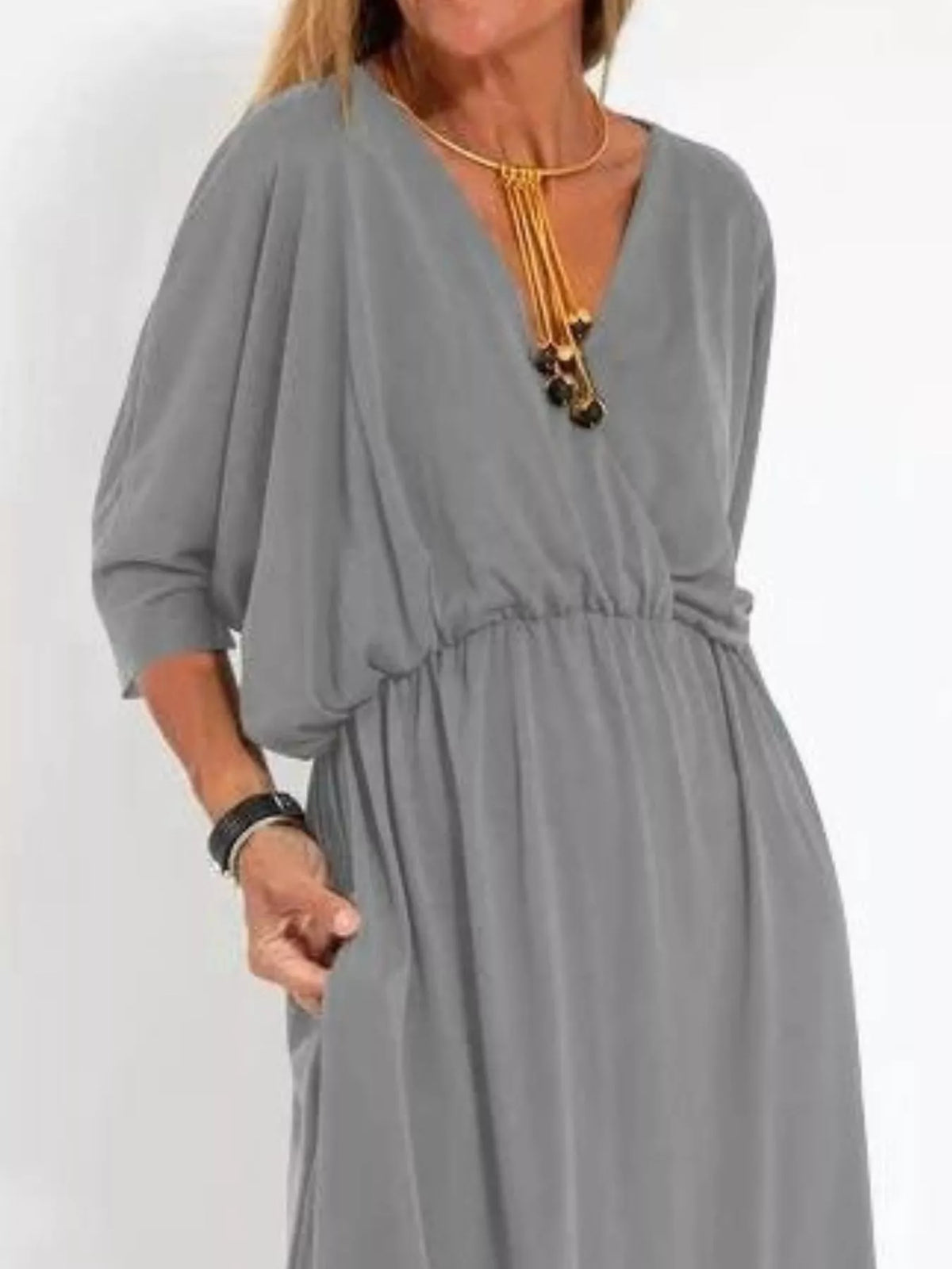V-Neck Batwing Sleeve Maxi Dress with Pockets