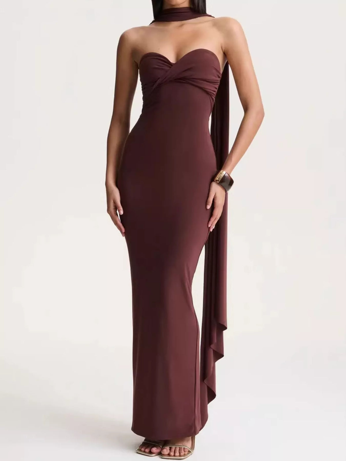 Strapless Ruched Bodycon Maxi Dress with Scarf