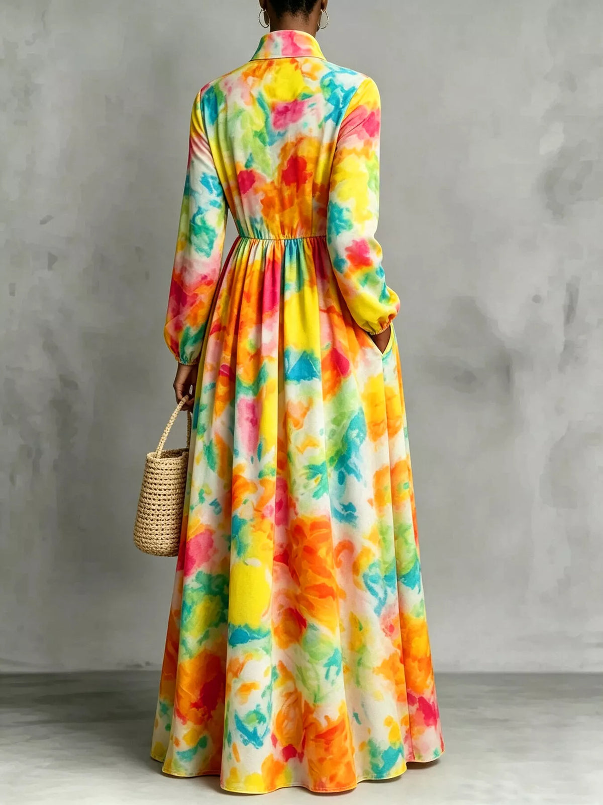 Watercolor Print Button-Down Maxi Dress in Multicolor