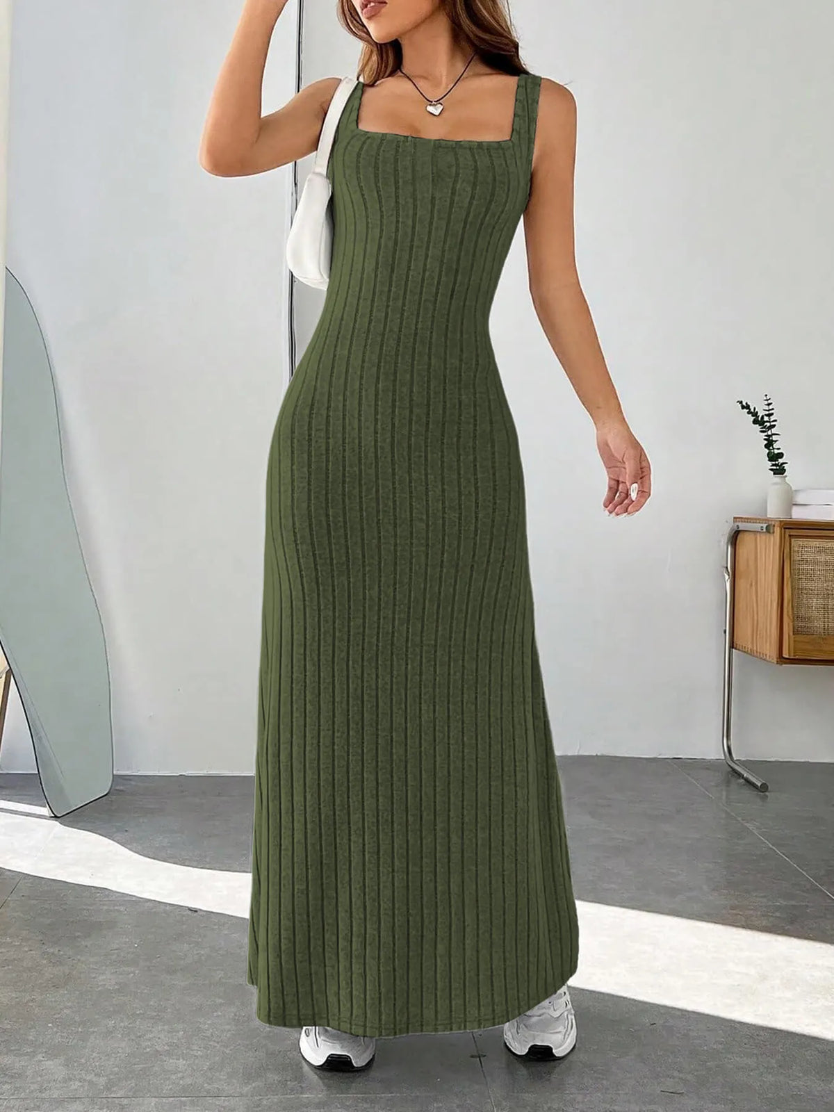 Ribbed Knit Square Neck Maxi Dress