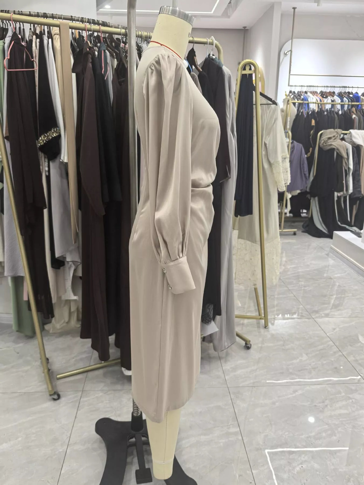 Long Sleeve Satin Ruched Midi Dress in Champagne in Champagne Color