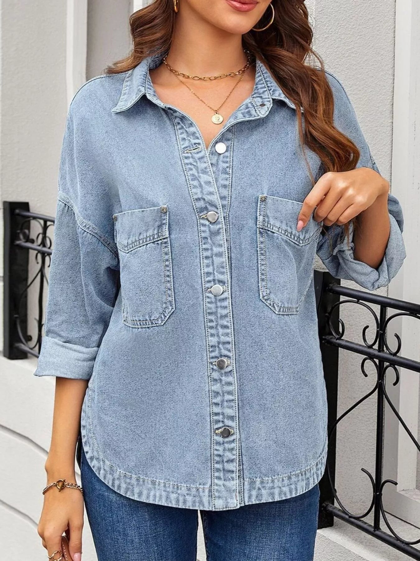 Loose Fit Button-Up Denim Jacket with Pockets by Moni Wear