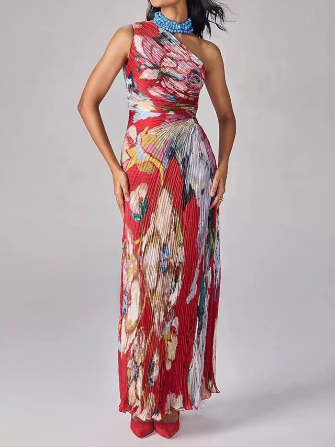 One-Shoulder Pleated Floral Maxi Dress in Red
