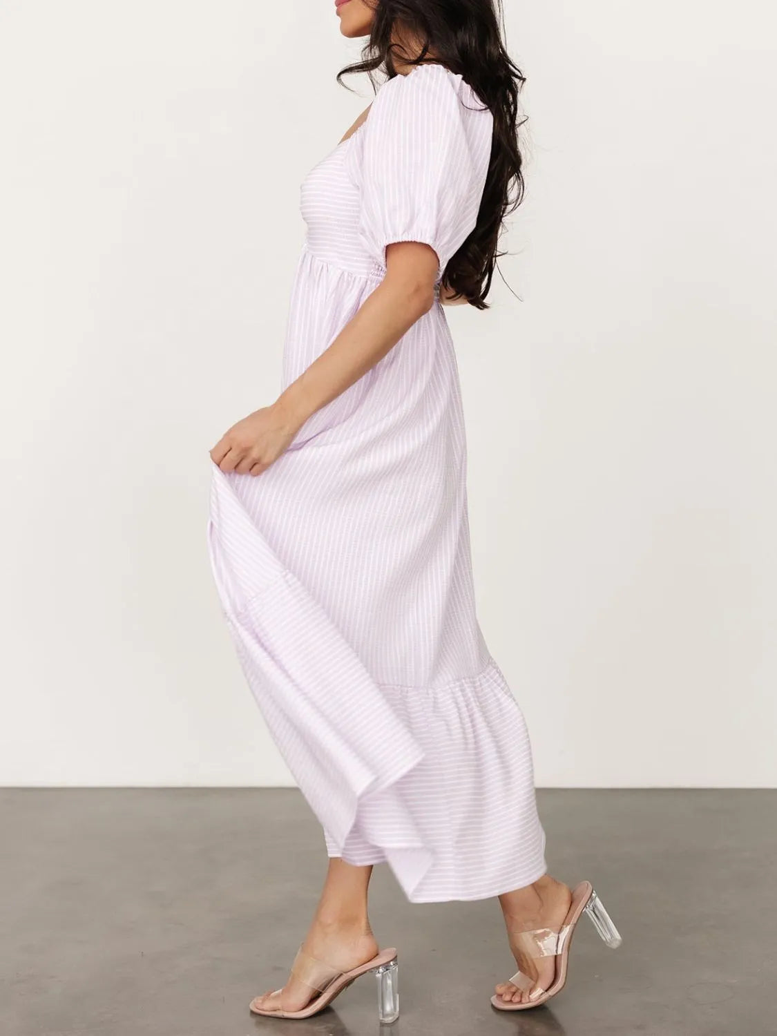Striped Puff-Sleeve Sweetheart Midi Dress