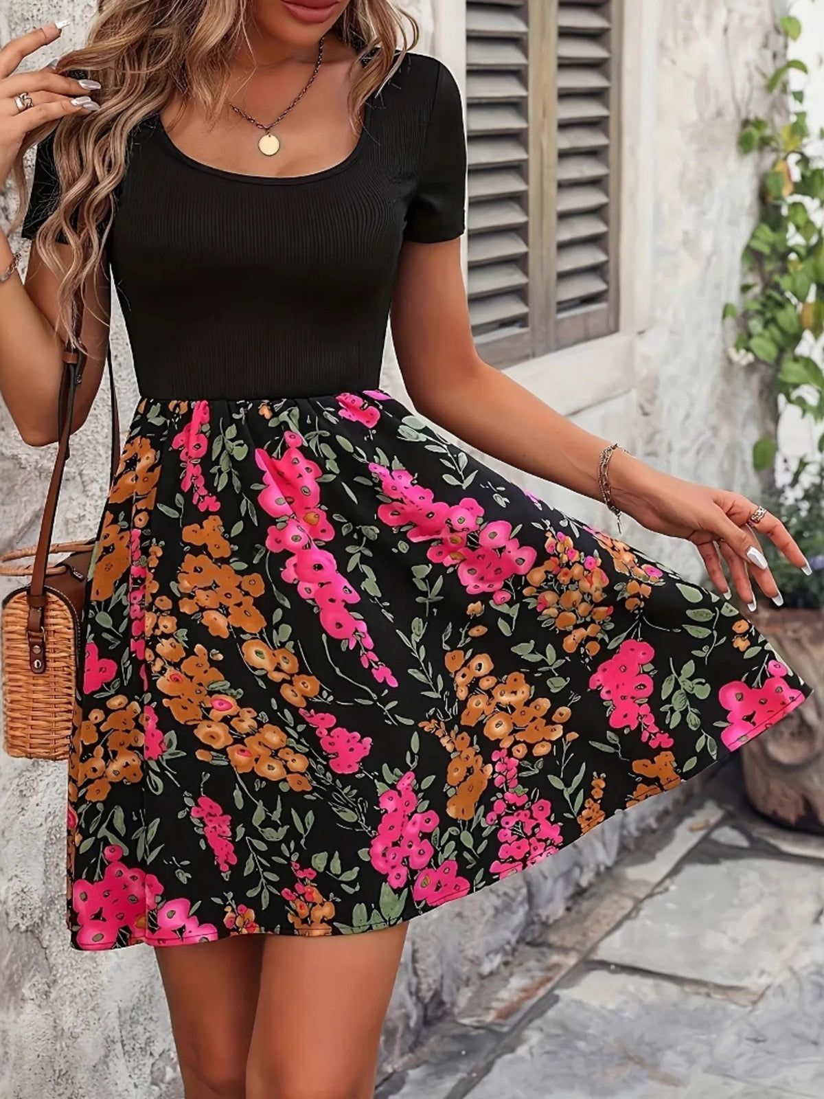Short Sleeve Floral Mini Dress by Classic Comfort