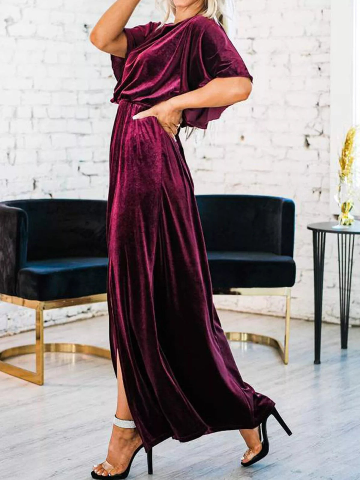 Flutter-Sleeve Velvet Maxi Dress
