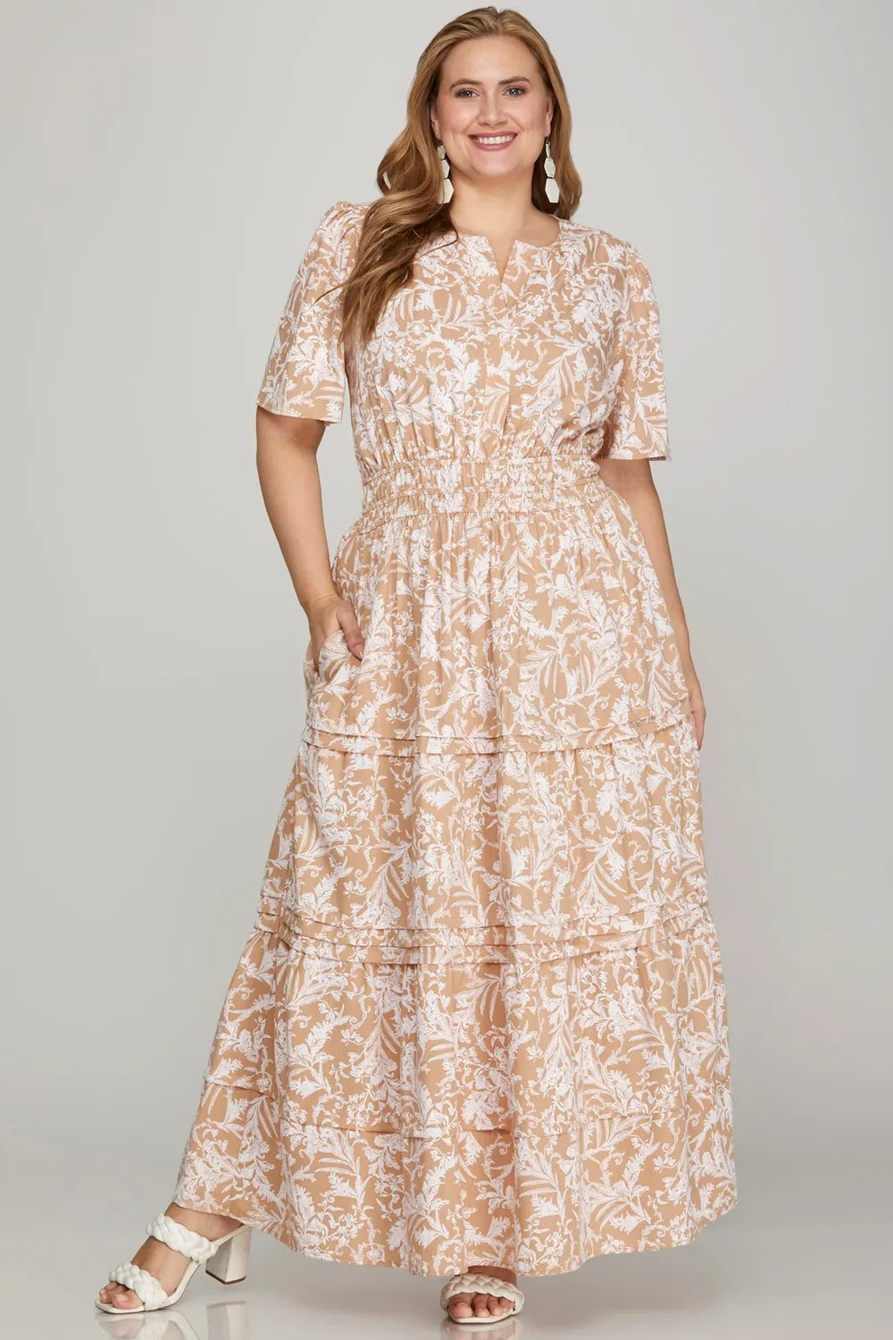 Printed Notched Tiered Maxi Dress in Apricot