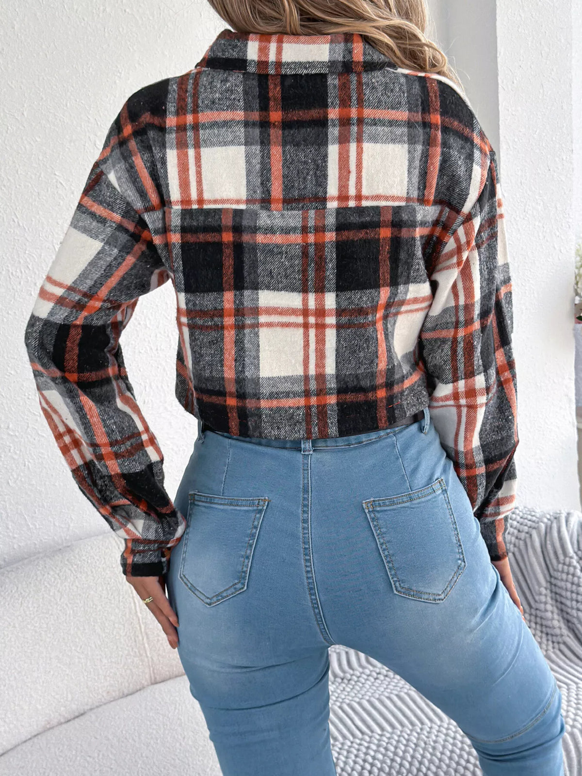 Plaid Button-Up Cropped Jacket by Clise