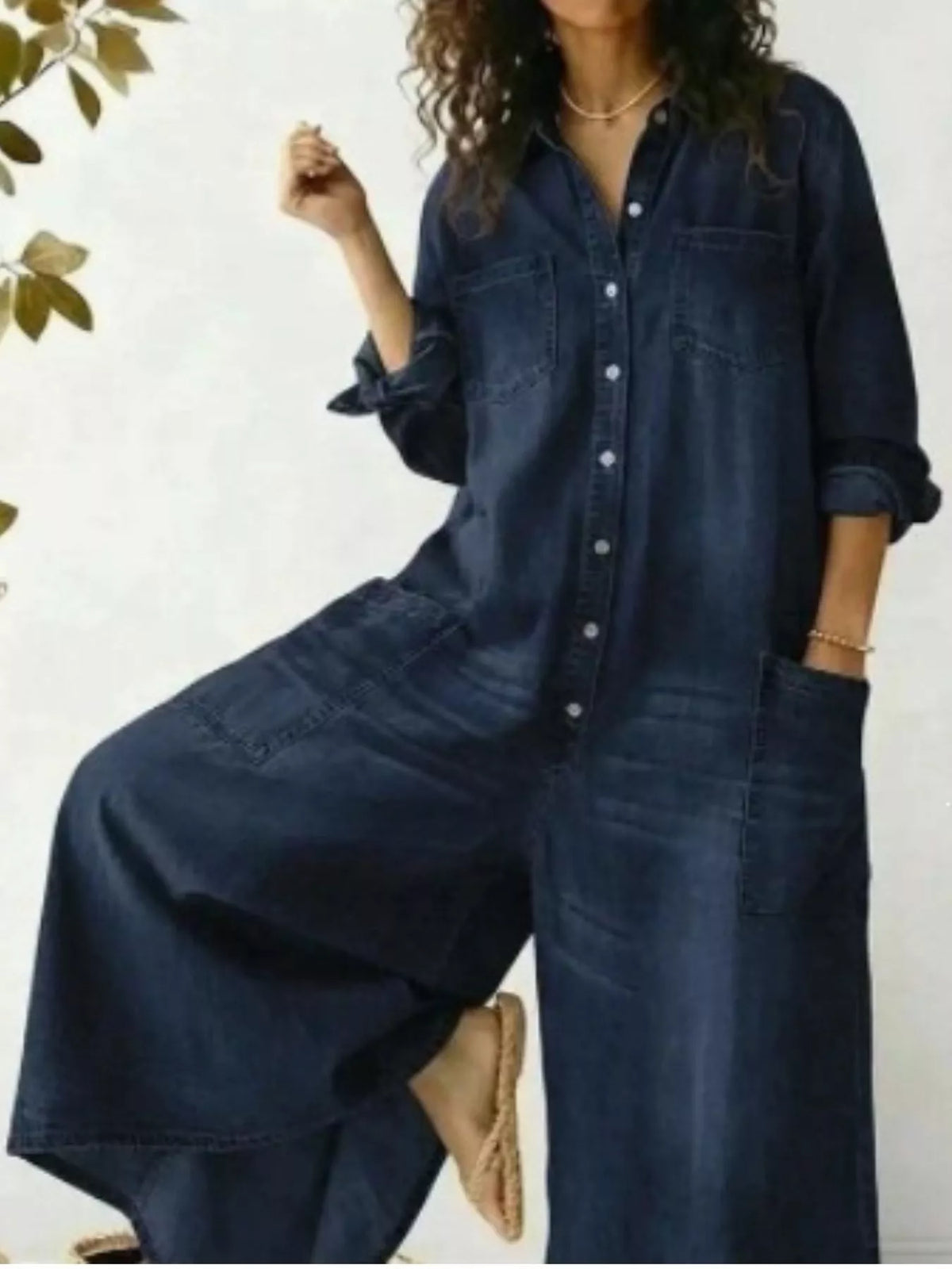Button Front Wide-Leg Jumpsuit with Chest Pockets