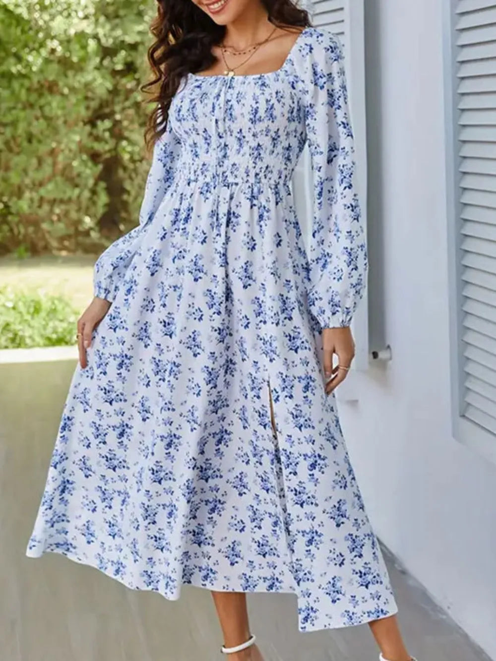 Smocked Floral Square Neck Midi Dress