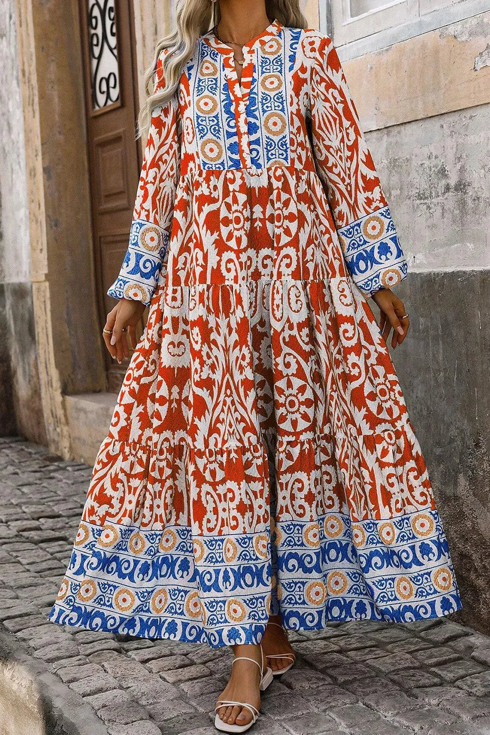 Printed Notched Long Sleeve Maxi Dress in Orange