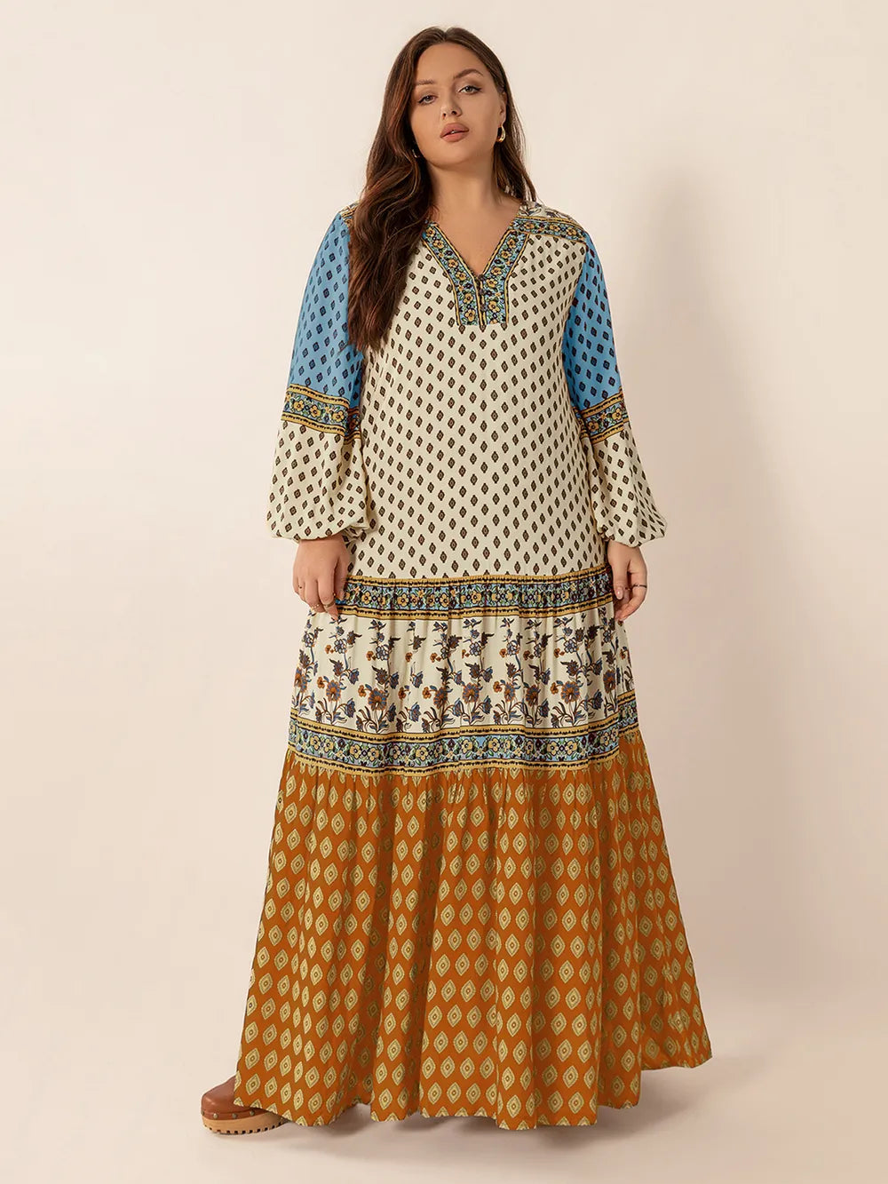 Printed V-Neck Balloon Sleeve Maxi Dress in Camel