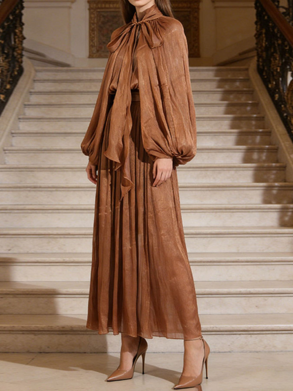Tie-Front Balloon Sleeve Midi Dress